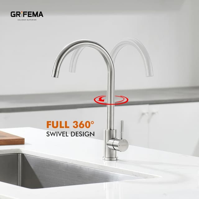 Detalle de GRIFEMA G4008 Kitchen Sink Tap Mixer with Single Lever and High Arc 360° Swivel (Stainless Steel, Chrome finish, A+)