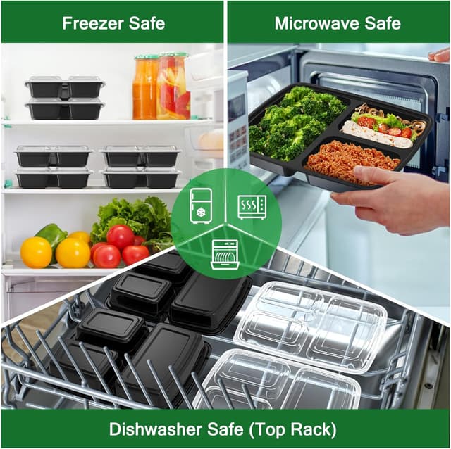 Thumbnail 4 de Dealusy 32 oz 3-Compartment Meal Prep Containers