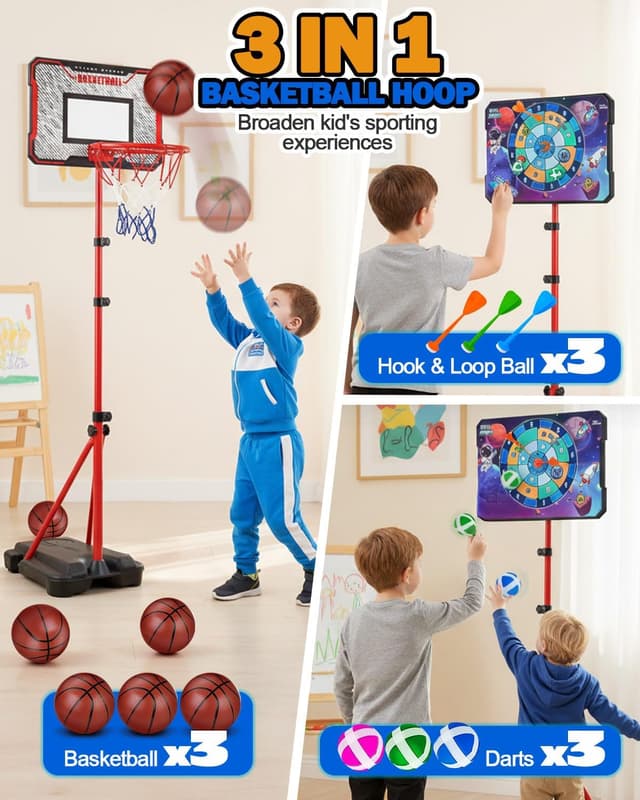 Detalle de Adjustable Kids Basketball Hoop & Dart Board Set (43–75 inches) – Indoor/Outdoor Play for Toddlers to Teens