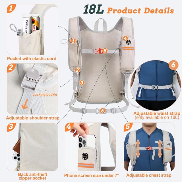 Detalle 2 de BECOJADDE 18L Hiking Backpack in Beige – foldable mini daypack with phone pocket and adjustable chest strap