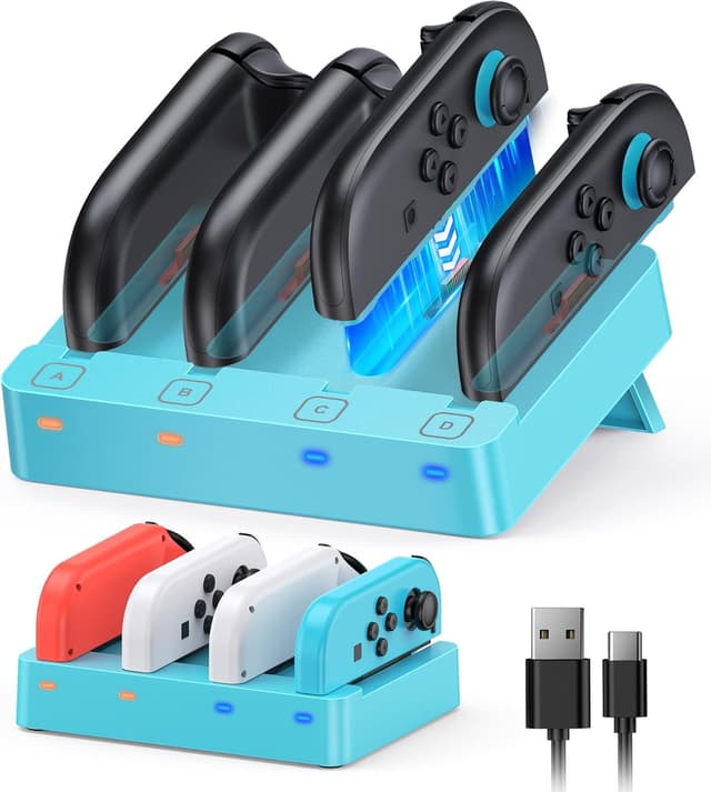 Detalle de WAXITY 8-in-1 Controller Ladestation für Nintendo Switch 2/1/OLED – magnetisch & mit LED-Anzeige (Blau)