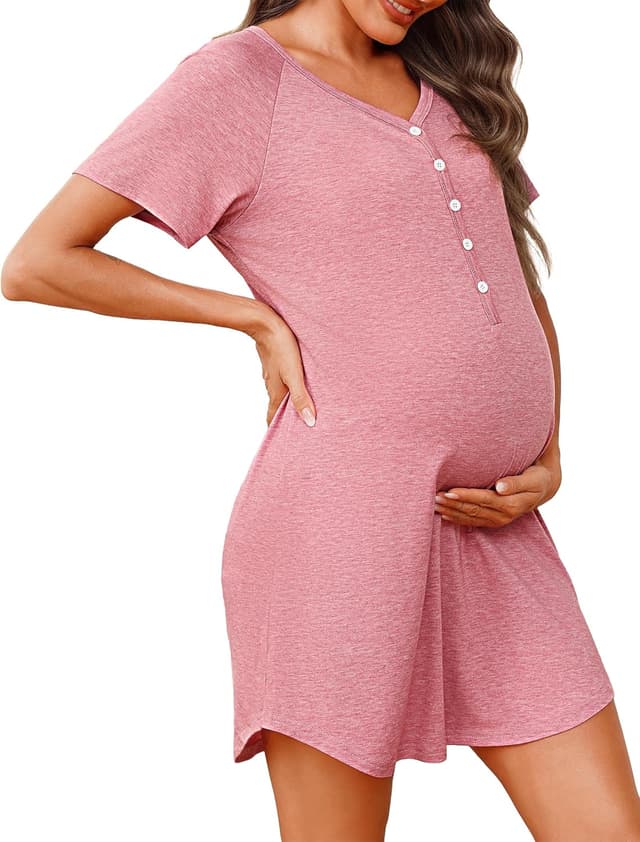 Detalle de Uniexcosm Stillnachthemd Damen – Kurzarm aus Baumwolle/Elasthan mit Knopfleiste und V-Ausschnitt