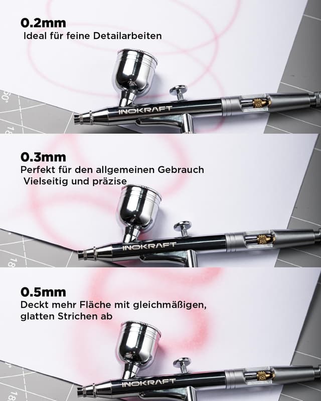 Thumbnail 6 de InoKraft Airbrush-Set mit Kompressor (1/6 HP), 3 Düsen (0,2 / 0,3 / 0,5 mm) & Airbrushpistole