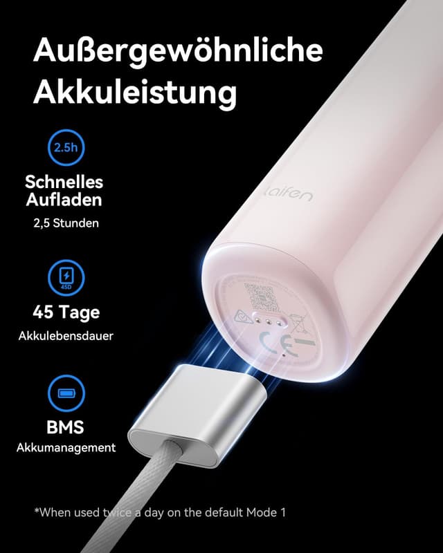 Detalle 2 de Laifen Wave elektrische Zahnbürste mit Oszillation & Vibration, magnetisch wiederaufladbar (IPX7) und 3 Bürstenköpfen – ABS Rosa