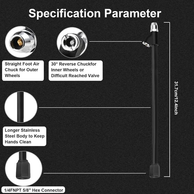 Detalle de GODESON 12" Extended Reach Dual Head Air Chuck for Semi & Dually Tires (1/4" FNPT)