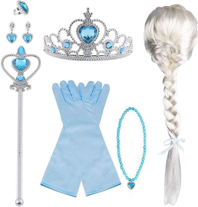 Detalle de Vicloon set di costumi da principessa con parrucca, tiara, bacchetta e accessori (8 pezzi / 9 pezzi) per bimbi 3–9 anni