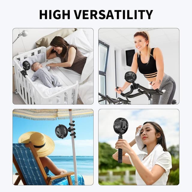 Detalle 2 de AMACOOL Pram Fan (Battery Operated) Clip-On with Flexible Tripod, 3 Speeds & Rotatable Head – Black