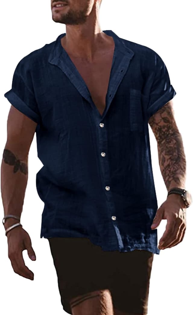 Thumbnail 6 de YAOBAOLE Chemise en lin et coton pour homme à manches courtes, boutons et col mao
