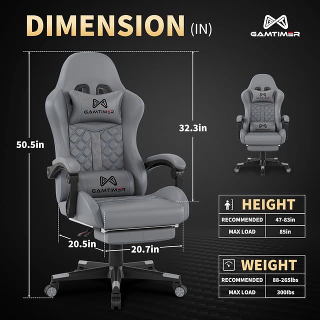 Detalle de Gamtimer Gaming Chair (Grey) — High-Back Office Chair With Footrest, Lumbar Support & 400 lbs Weight Capacity