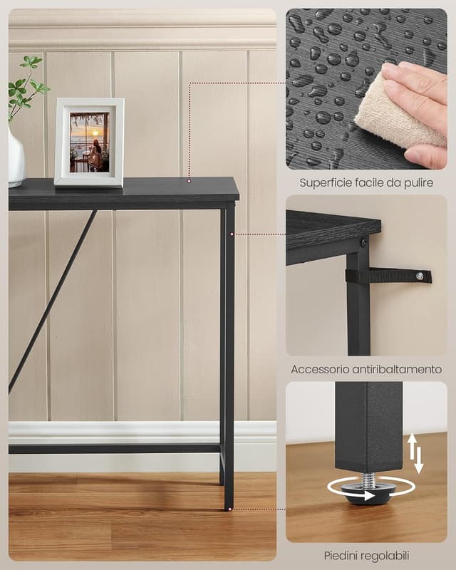 Detalle de VASAGLE LNT020B04 tavolo consolle stretto grigio antracite e nero, per ingresso e dietro al divano
