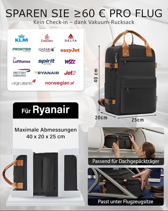 Thumbnail 1 de COOLIFE Vakuum Rucksack 40x20x25 Ryanair