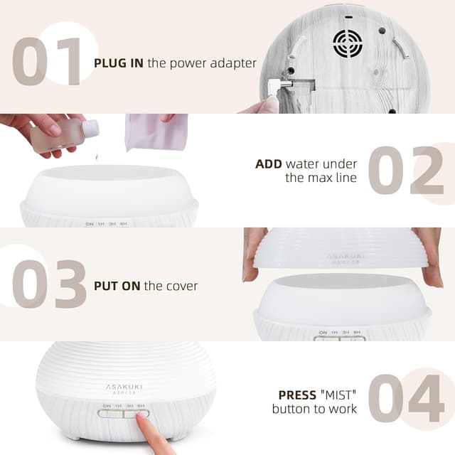 Thumbnail 6 de ASAKUKI Diffusor 300 ml für Duftöle mit Ultraschall, 7-farbigem LED-Licht und Automatikschutz