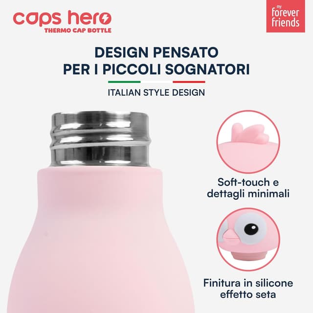 Detalle de CapsHero Borraccia Termica per Bambini Flamingo Fia, Acciaio Inox Senza BPA, 520 ml