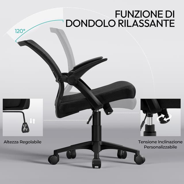 Detalle de Yaheetech sedia da ufficio ergonomica con schienale in rete, lombare e braccioli ribaltabili (a ruote) nero