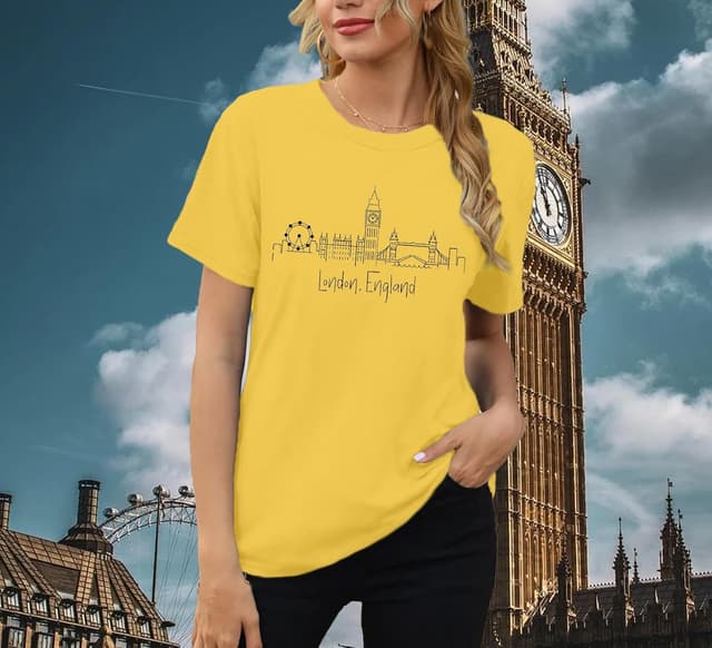 Detalle de Qskall Women’s London England T‑Shirt with London Skyline Print (Crew Neck)