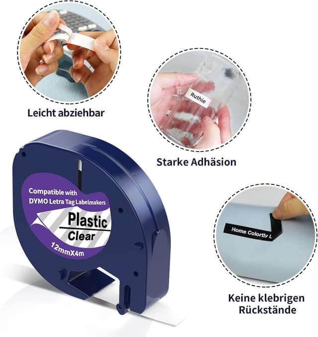 Detalle 2 de 3er-Pack Kunststoff-Etikettenband für Dymo LetraTag, 12 mm (schwarzer Druck auf weiß/klare Schrift auf schwarz)