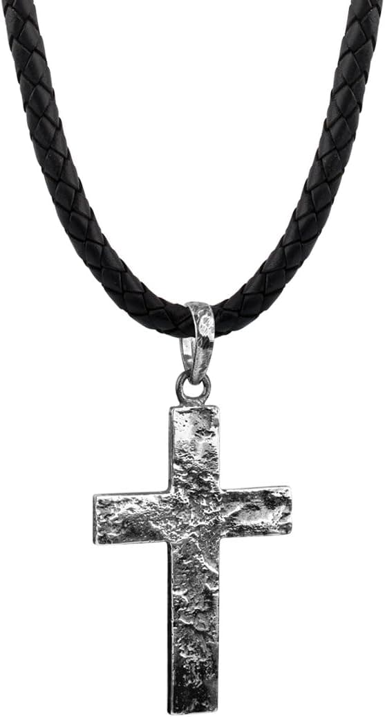 Detalle de Kuzzoi Herren-Lederhalskette mit Kreuz-Anhänger aus massivem 925 Sterling Silber (schwarz oxidiert) – geflochtenes Rindsleder