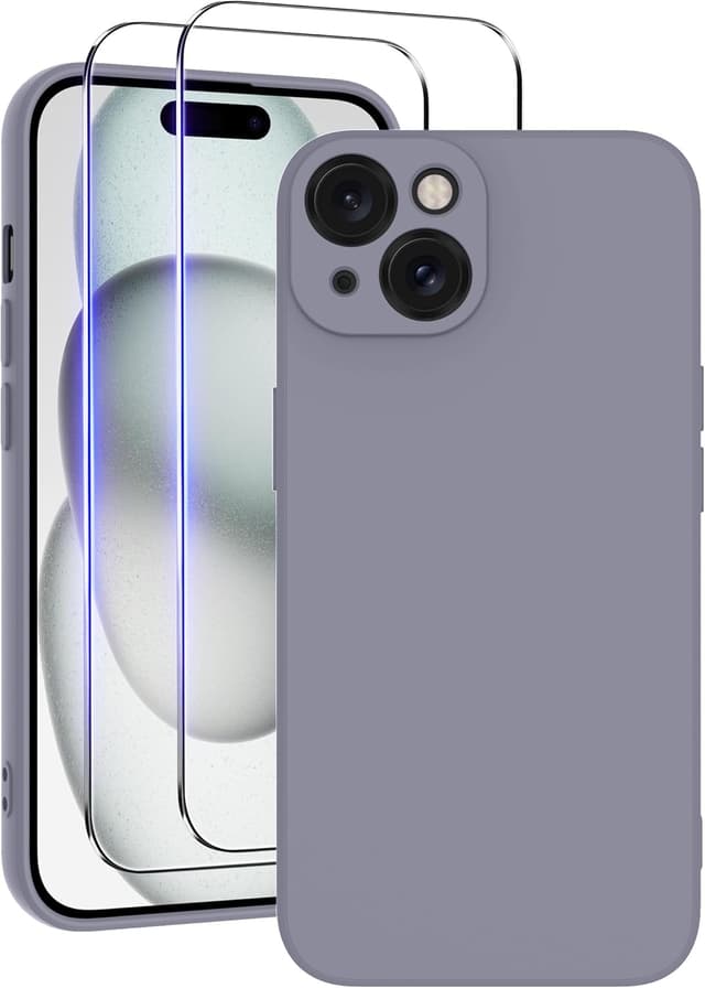 Detalle de Qasyfanc Silicone Case for iPhone 15 (Grey) with 2 Tempered Glass Screen Protectors — Ultra-slim liquid TPU full-body cover