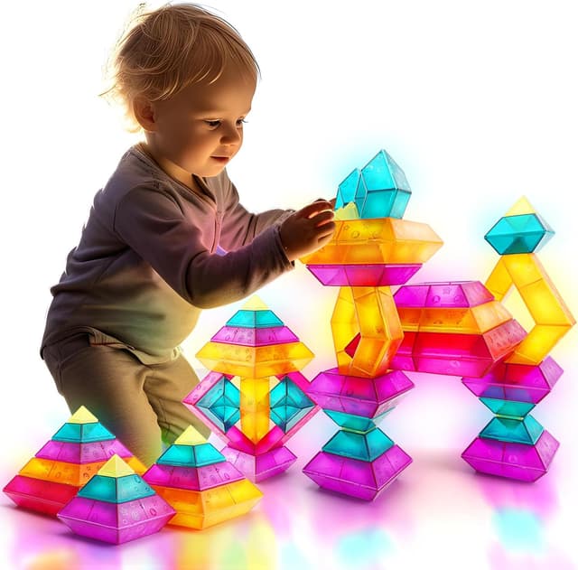 Detalle de MAKE KIDS SMILE BUBBLE FUN 30-Piece Translucent Building Blocks Set (Ages 3–6) for STEM & Light Tables