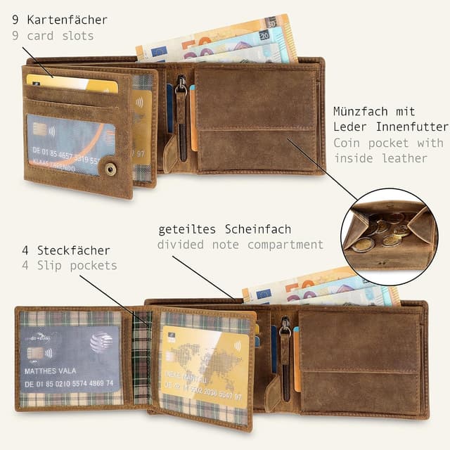 Detalle 2 de LEDEROW Herren-Geldbörse aus Leder Hunter Braun (Querformat) – RFID/NFC-Schutz, mit Münzfach & Geschenkbox