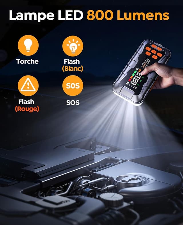 Detalle de YaberAuto AP03 16 en 1 : booster batterie 12V 8000A avec compresseur 160 PSI et batterie 27000 mAh