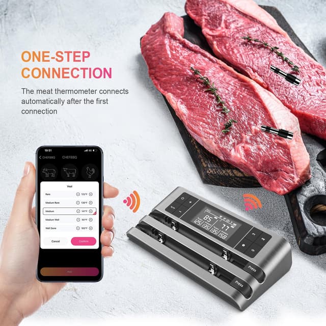 Detalle 2 de Dewjom Wireless Smart Meat Thermometer with Dual-Sensor Probe and 500FT Remote Monitoring