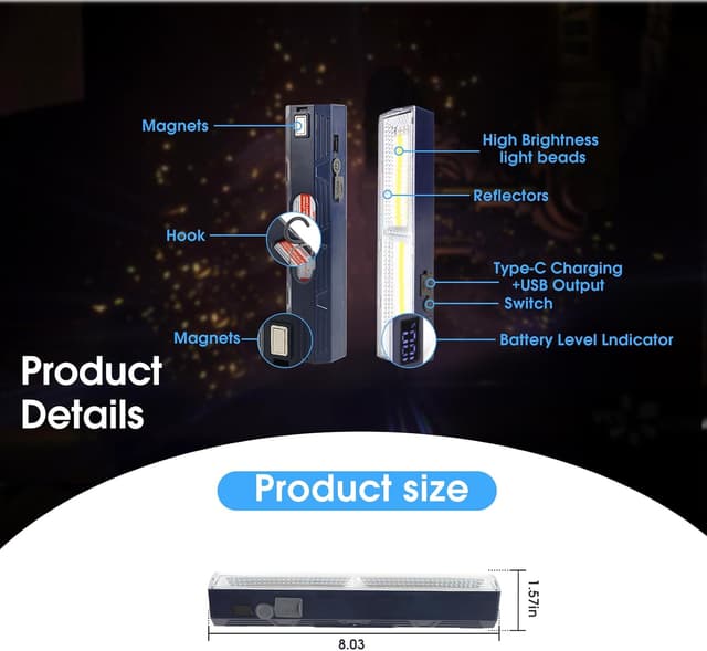 Thumbnail 6 de LETOUR Magnetic Work Light Bar (4000 lumens, 216 LEDs, 2500mAh rechargeable, IP6) for garage, camping & DIY