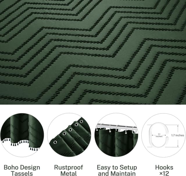 Detalle 2 de Siiluminisoy Dark Green Boho Shower Curtain with Tassels (72 x 72 in) for Bathroom Privacy & Water Control