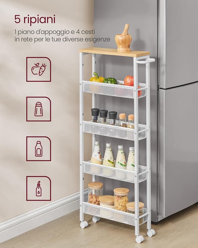 Detalle 2 de VASAGLE LRC034W09 carrello salvaspazio a 5 ripiani beige rovere e bianco