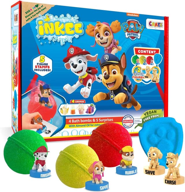 Detalle de INKEE Paw Patrol Gift Box: 4 kids bath bombs with almond oil and 5 surprise Paw Patrol figures