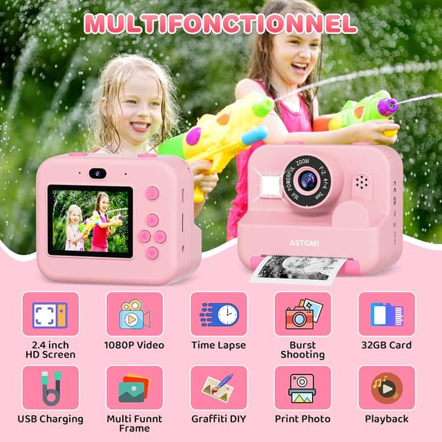 Detalle 2 de Macchina fotografica istantanea per bambini 1080p 2,4" rosa