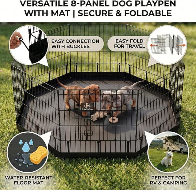 Detalle de PJYuCien Dog Playpen with Bottom Pad (Metal Foldable Exercise Pen, 8 Panels) — 24" H x 24" W Panels, Black