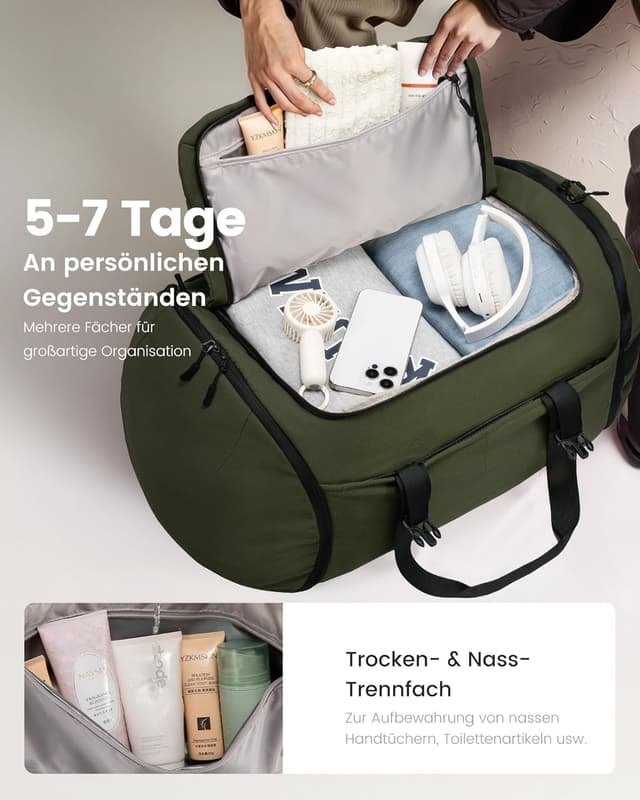Detalle de LOVEVOOK Reisetasche Sporttasche Rucksack (56L) mit Schuhfach & Nassfach – Dunkelgrün