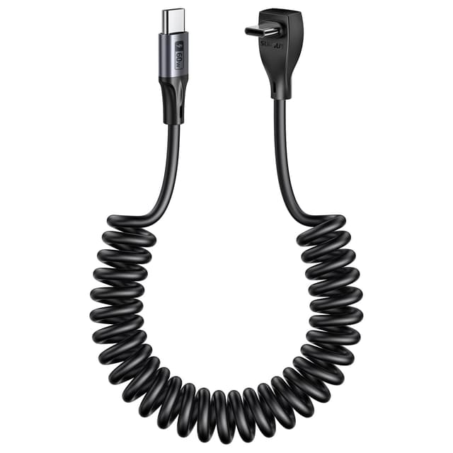 Detalle de SUNGUY USB‑C Spiralkabel Winkel 90° (1,5 m) – 60W Lade- & Datenkabel für Auto, Android Auto/CarPlay