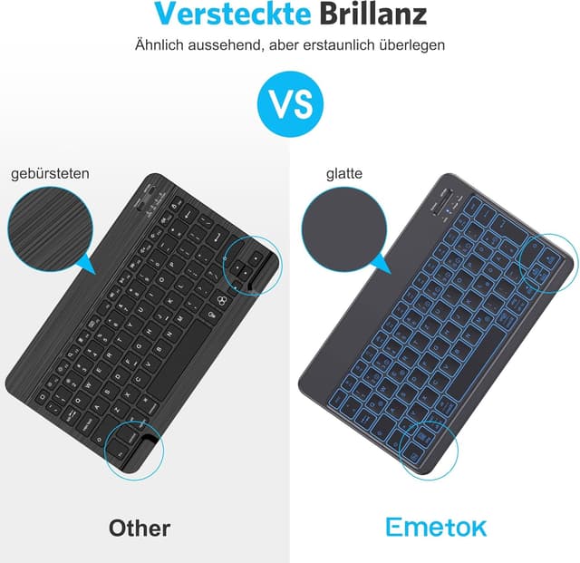 Detalle 2 de Emetok deutsche Bluetooth Tastatur – kabellos, wiederaufladbar, 7-farbige Hintergrundbeleuchtung, schwarz
