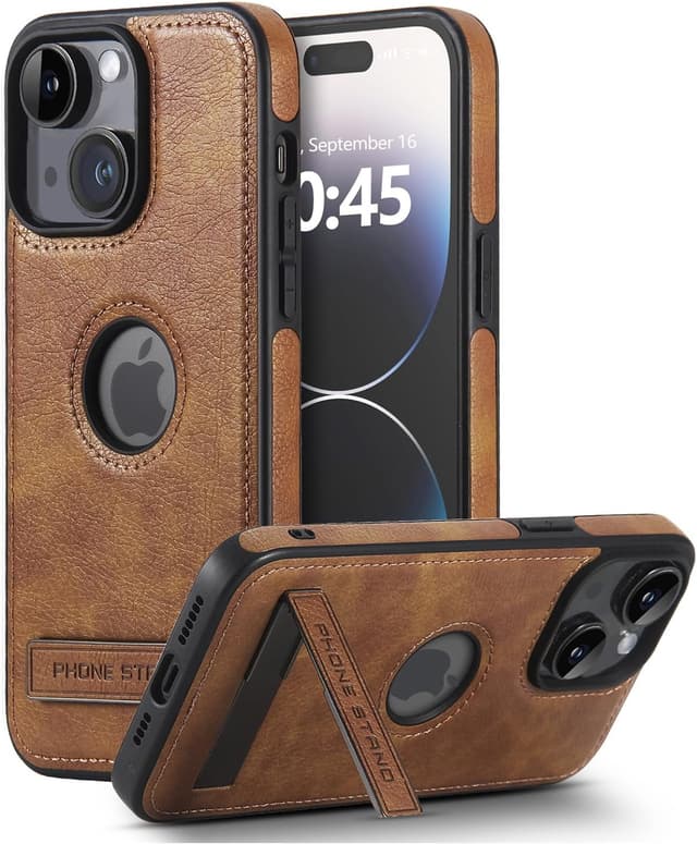 Detalle de KSELF Leather Case for iPhone 15 (6.1-inch) — Thin, Flexible Soft-Grip Brown Cover with Metal Kickstand