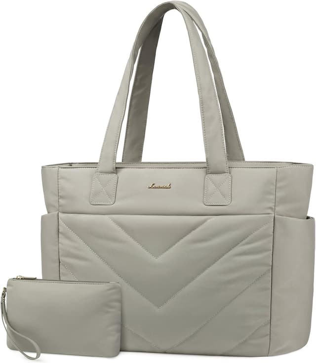 Detalle de LOVEVOOK women’s lightweight puffer tote bag with zip and laptop compartment