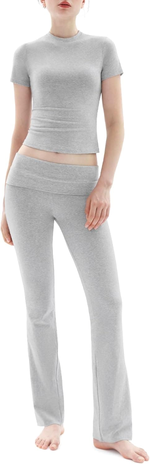 Detalle de PUMIEY Women’s 2-Piece Lounge Set (Nap Collection): Short Sleeve Top + Fold-Over Flare Pants