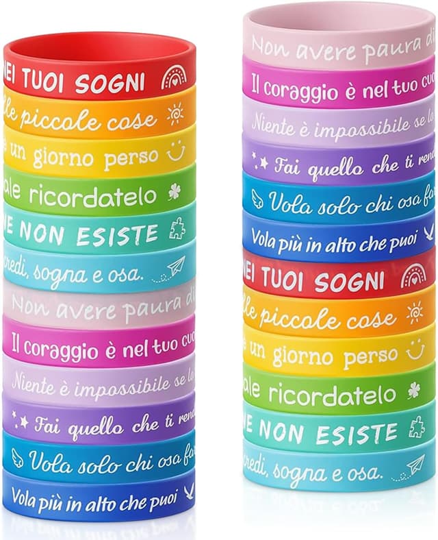 Detalle de Confezione da 24 braccialetti bambini in silicone con frasi motivazionali e amicizia (Tccydm 24)