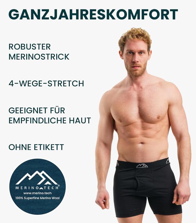 Detalle de Merino.tech 100% Merino Herren-Boxershorts (19,5 Mikron) – atmungsaktiv, geruchsarm und feuchtigkeitsableitend