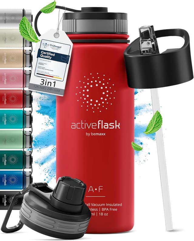 Detalle de BeMaxx ACTIVE FLASK stainless steel water bottle with straw and 3 leak-proof lids