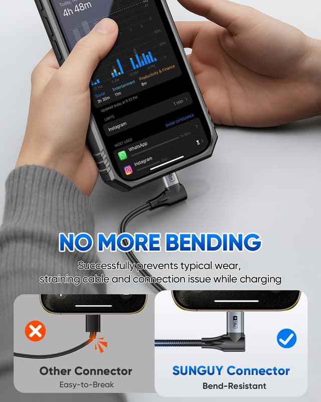 Detalle 2 de Lot de 2 câbles USB-C coudés SUNGUY (USB-A vers USB-C), 0,6 m, charge rapide & synchronisation données