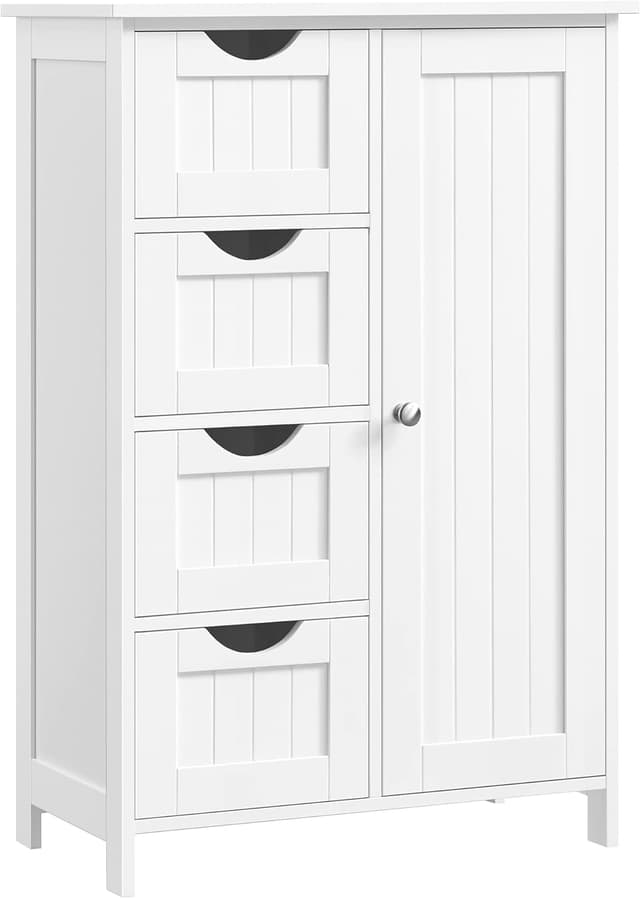 Detalle de VASAGLE Badezimmerschrank LHC41W mit 4 Schubladen, Tür & verstellbarer Ablage (30 x 55 x 82 cm) – schmaler Badschrank