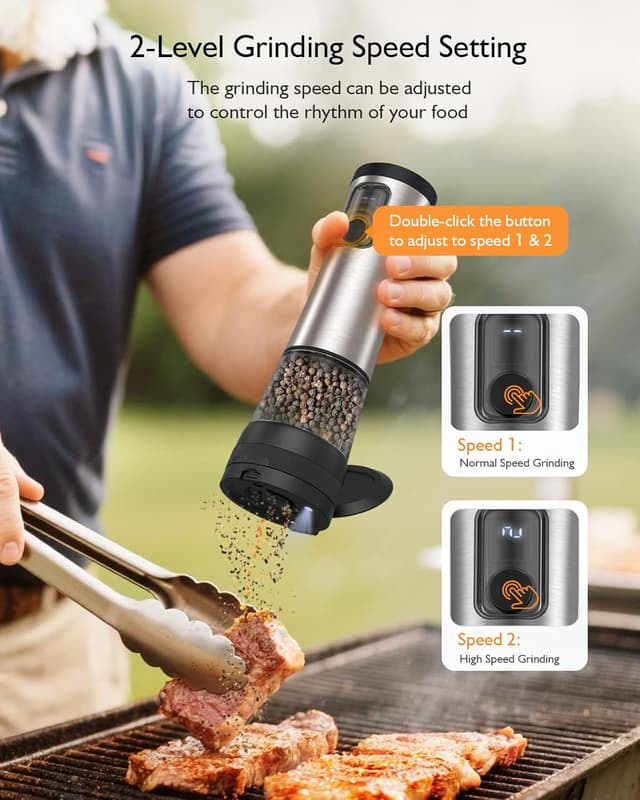 Detalle 2 de Set de moulins à poivre électrique AMOSA avec réglage 5 niveaux, 2 vitesses, base rechargeable et LED