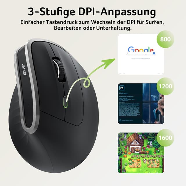 Detalle de Acer 2.4G ergonomische vertikale optische Maus – kabellos, wiederaufladbar (bis 1.600 DPI) für PC & Laptops