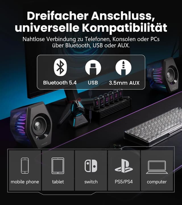 Detalle de Edifier G2000 Pro 2.0 RGB Gaming-Lautsprecher mit Virtual 7.1, Bluetooth 5.4, USB‑C/AUX und TempoFlow-Licht