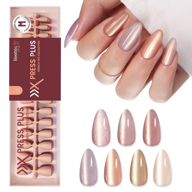 Detalle de Beetles Cat Eye Press On Nails (7 Nude Colors, Medium Almond, 16 Sizes, 224 pcs) — Magnetic Shimmer, Salon-Like Fit