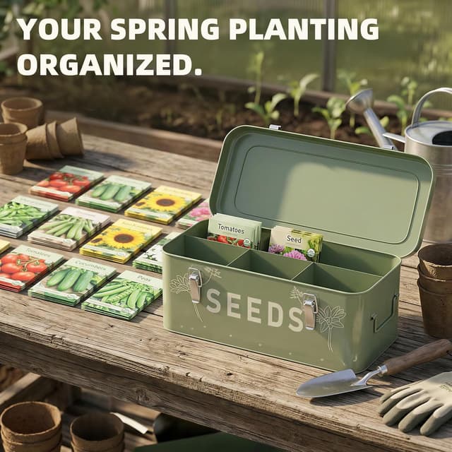 Detalle de Orionstar Seed Storage Organiser: metal seed saving box with lid, 4 compartments & storage set