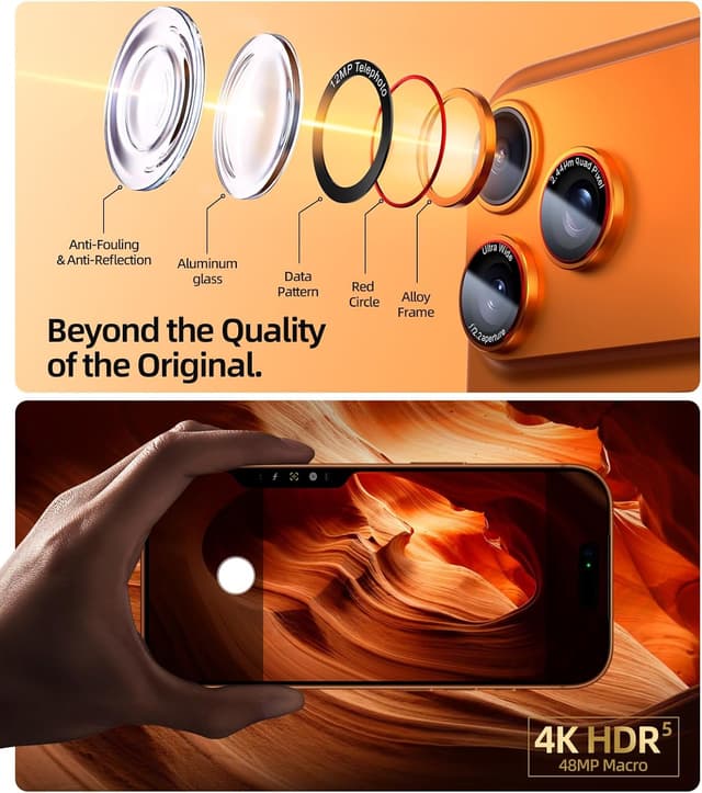 Detalle de X-it iPhone 17 Pro Max Camera Lens Protector (Orange) — 9H Tempered Glass, 1:1 Fit, Case-Friendly Adhesive