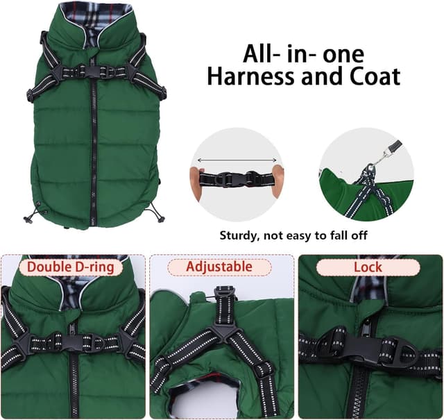 Detalle de babepet Warm Pet Dog Coats with Harness – Waterproof Green Small Dog Jacket Coat (with Chest Strap, Zip Up) – XL